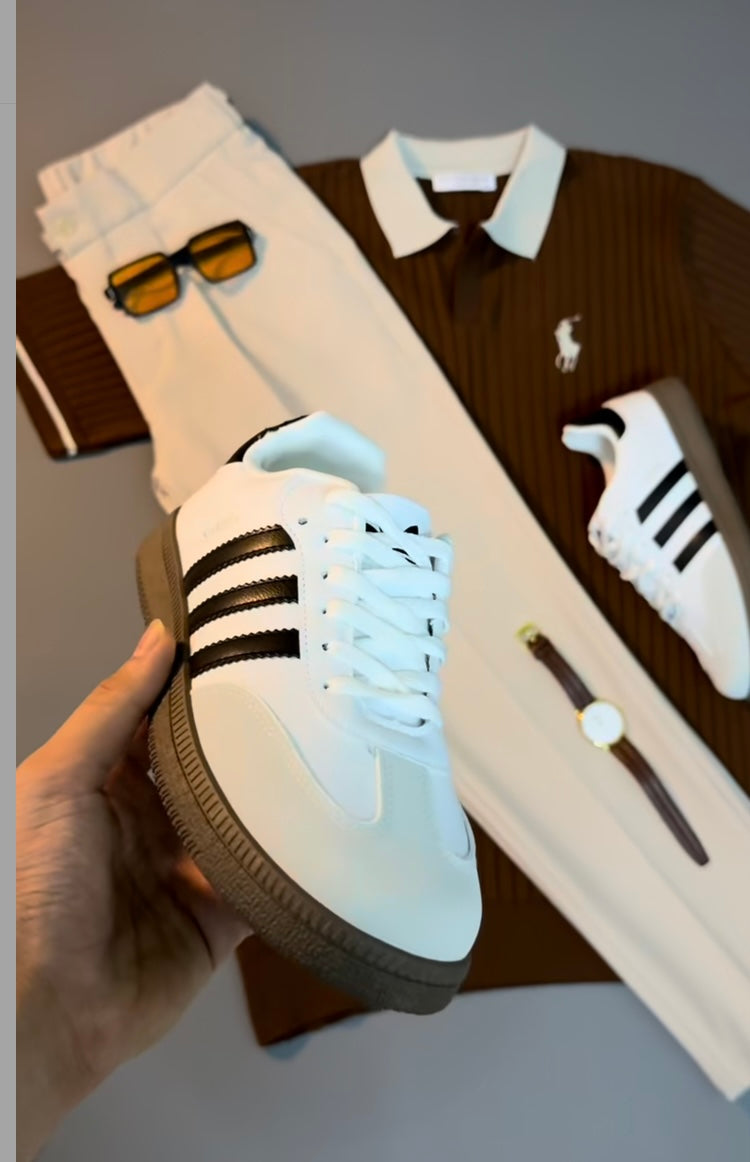 Perfect Combo: T Shirt, Pants & Sneakers& Watch "التركيبة المثالية: قميص، بنطال وأحذية رياضية!" – White & Brown Combo