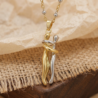 Couple Hug Heart Pendant Necklace – 18K Gold-Plated