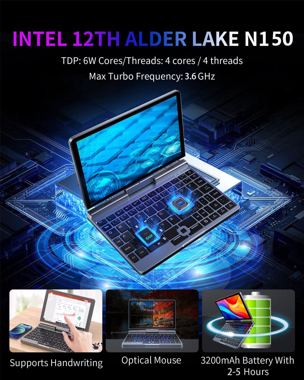 Smart 2-in-1 Mini Laptop – 8" Touch Screen, Windows 11 Pro, 12GB RAM, 512GB SSD  -  لابتوب ذكي صغير 2-في-1 بشاشة لمس تدعم الكتابة، ويندوز 11 برو