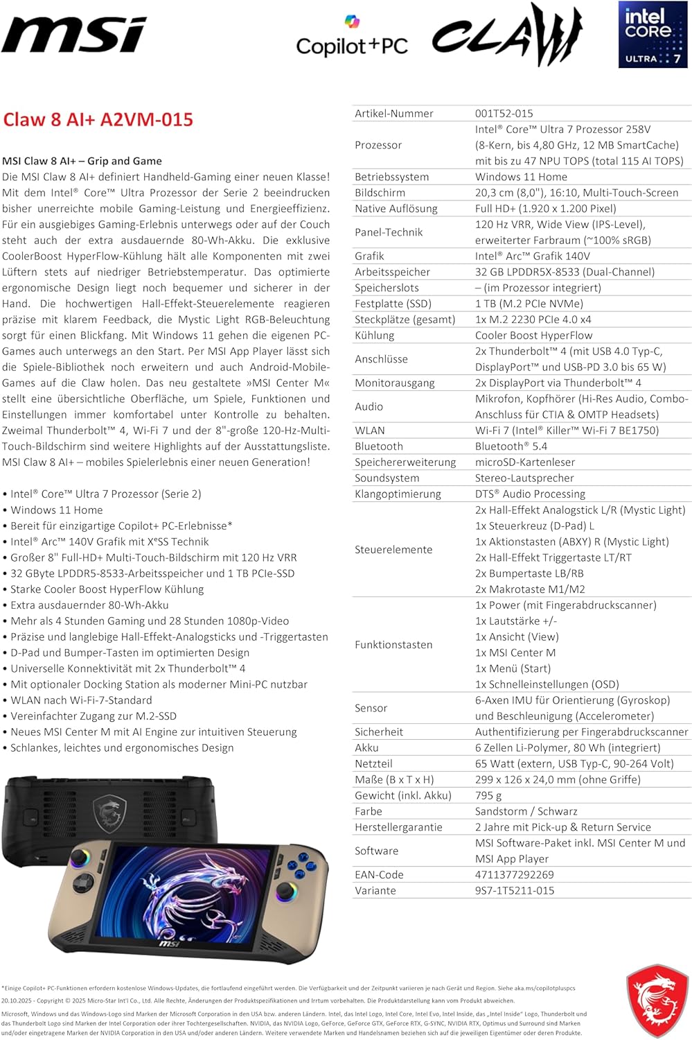 MSI Claw 8 AI+ | شاشة 8 بوصات | معالج Intel Ultra 7-258V | ذاكرة 32 جيجابايت | تخزين 1 تيرابايت | ويندوز 11