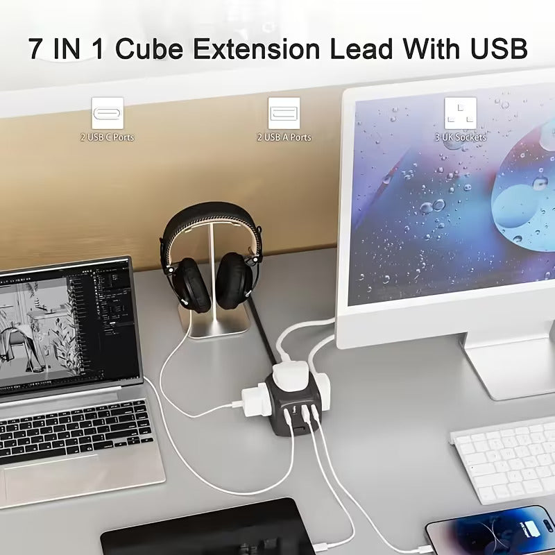 Clopal Cube Extension 2500W Power Strip with 3 AC Sockets, 2 USB-C & 2 USB-A – 2M Heavy Duty Wire