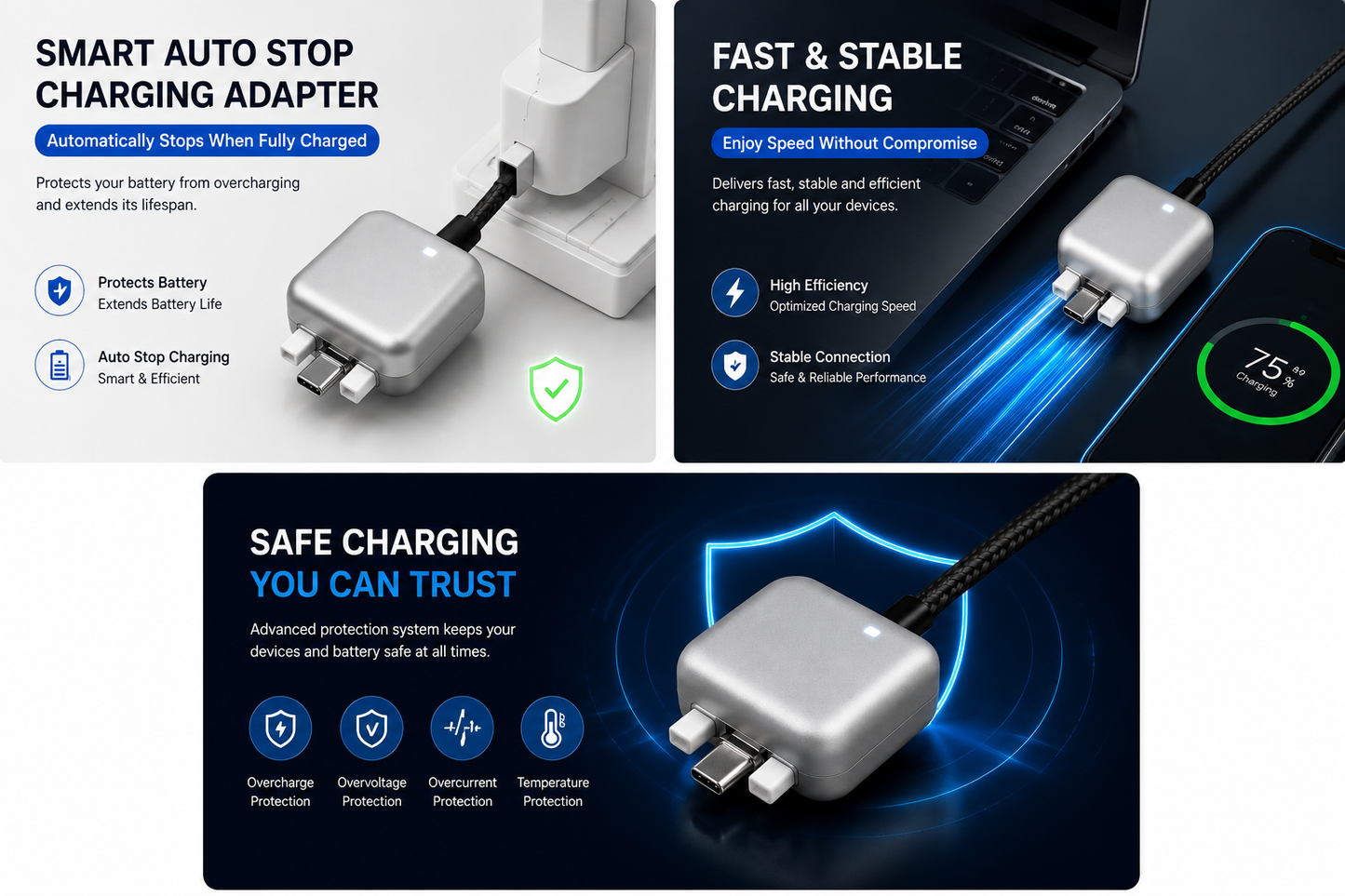 Smart Auto Stop Charging Adapter - Fast & Safe Universal Charger Protector