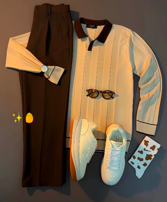 Perfect Combo: Shirt, Pants & Sneakers& Watch "التركيبة المثالية: قميص، بنطال وأحذية رياضية!" – White & Brown Combo