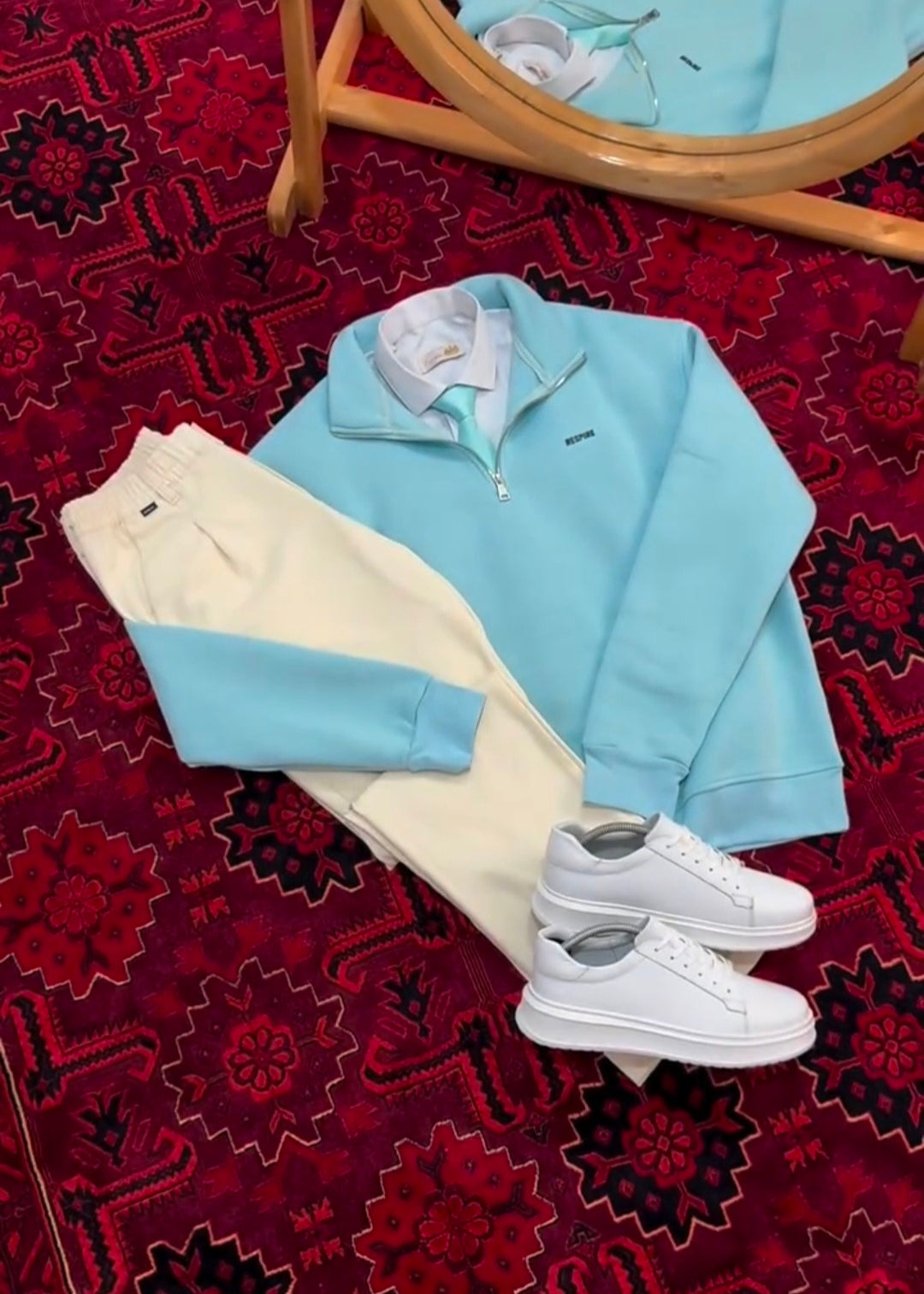 Perfect Combo: Shirt, Pant & Sneakers"التركيبة المثالية: قميص، بنطال وأحذية رياضية!" –  SkyBlue & Off-White Color.