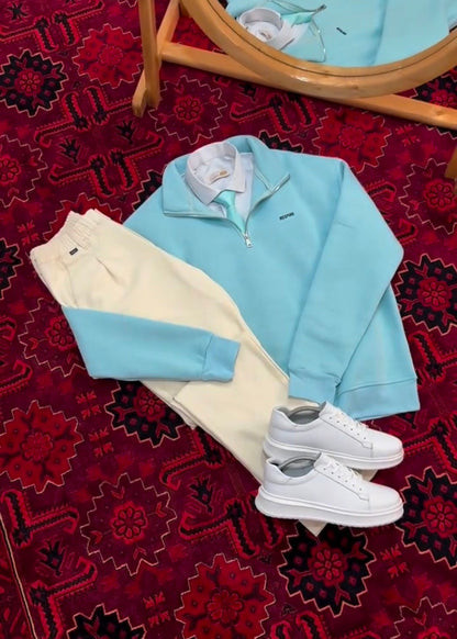 Perfect Combo: Shirt, Pant & Sneakers"التركيبة المثالية: قميص، بنطال وأحذية رياضية!" –  SkyBlue & Off-White Color.