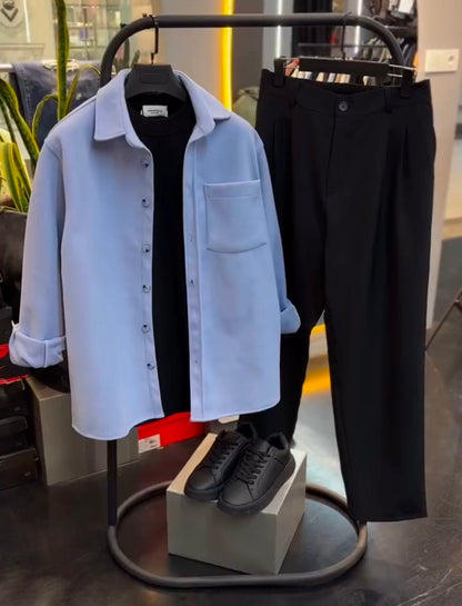 Perfect Combo: Shirt, Pant & Sneakers"التركيبة المثالية: قميص، بنطال وأحذية رياضية!" –  SkyBlue & Black & White Color.