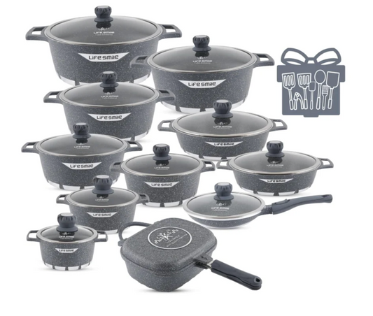 LIFE SMILE 29-Piece Cookware Set | Granite Stone Non-Stick Pots & Pans | طقم أواني الطبخ 29 قطعة جرانيت Regular price