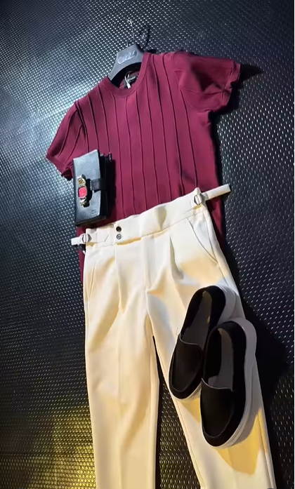 Perfect Combo: T Shirt, Pants & Sneakers& Watch "التركيبة المثالية: قميص، بنطال وأحذية رياضية!" Dark burgundy