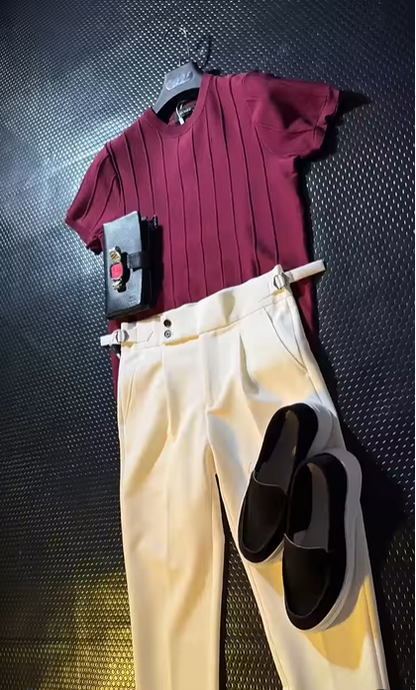 Perfect Combo: T Shirt, Pants & Sneakers& Watch "التركيبة المثالية: قميص، بنطال وأحذية رياضية!" Dark burgundy