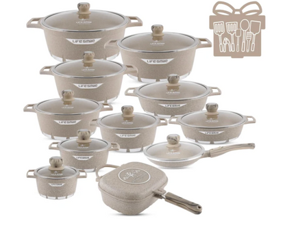 LIFE SMILE 29-Piece Cookware Set | Granite Stone Non-Stick Pots & Pans | طقم أواني الطبخ 29 قطعة جرانيت Regular price