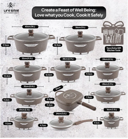 LIFE SMILE 29-Piece Cookware Set | Granite Stone Non-Stick Pots & Pans | طقم أواني الطبخ 29 قطعة جرانيت Regular price
