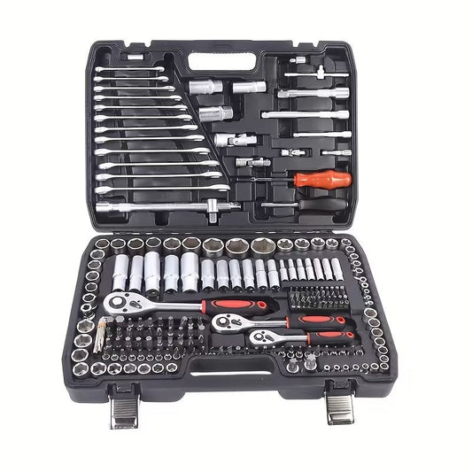 Car Repair Tool Kit, Upgraded Black 46 Black 216, Equipped with Plastic Storage Box, Including Hex Wrench, 1/2" * 3/4" Drive Deep And Standard Ratchet Socket, Screwdriver And Extension Rod, Suitable for Home Maintenance