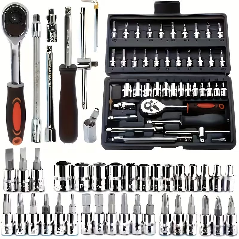 Car Repair Tool Kit, Upgraded Black 46 Black 216, Equipped with Plastic Storage Box, Including Hex Wrench, 1/2" * 3/4" Drive Deep And Standard Ratchet Socket, Screwdriver And Extension Rod, Suitable for Home Maintenance
