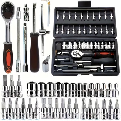 Car Repair Tool Kit, Upgraded Black 46 Black 216, Equipped with Plastic Storage Box, Including Hex Wrench, 1/2" * 3/4" Drive Deep And Standard Ratchet Socket, Screwdriver And Extension Rod, Suitable for Home Maintenance
