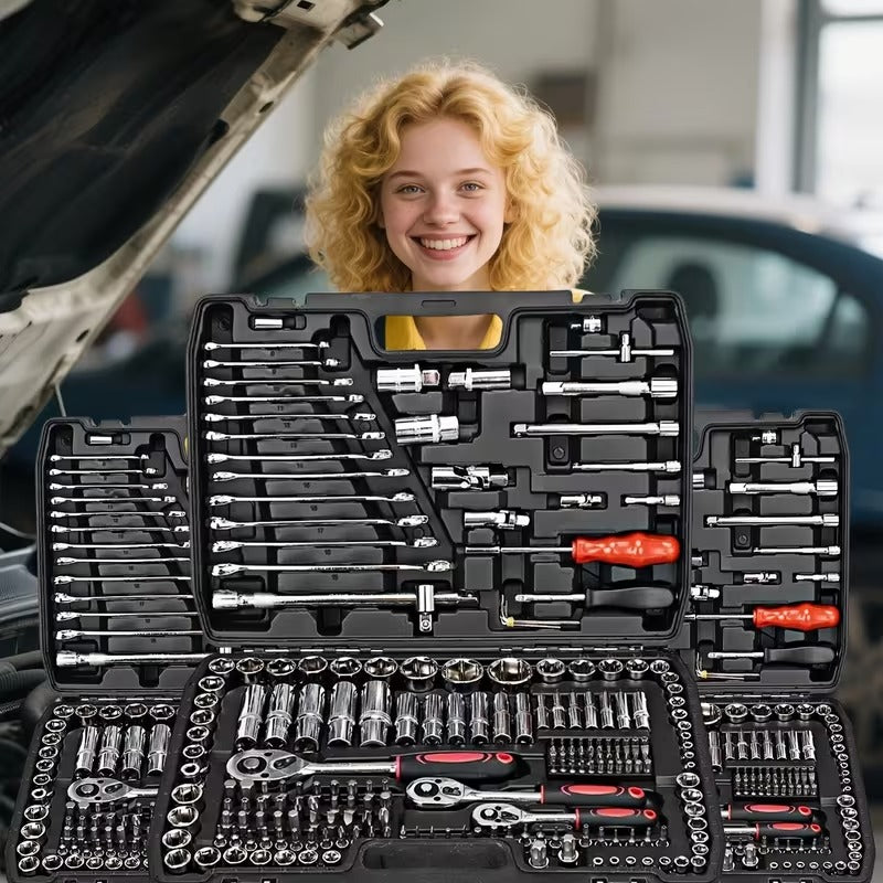Car Repair Tool Kit, Upgraded Black 46 Black 216, Equipped with Plastic Storage Box, Including Hex Wrench, 1/2" * 3/4" Drive Deep And Standard Ratchet Socket, Screwdriver And Extension Rod, Suitable for Home Maintenance