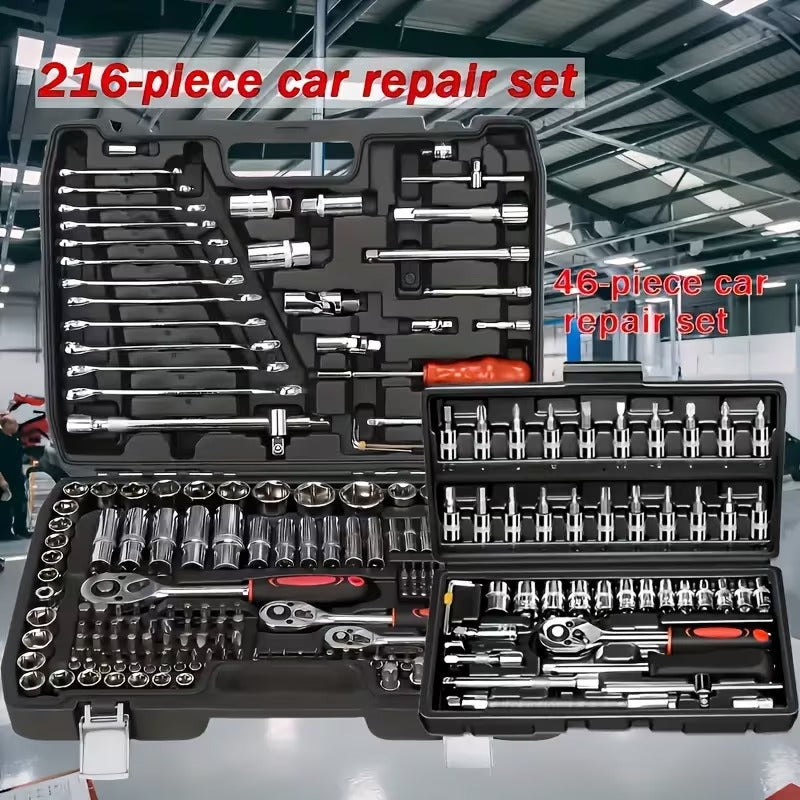 Car Repair Tool Kit, Upgraded Black 46 Black 216, Equipped with Plastic Storage Box, Including Hex Wrench, 1/2" * 3/4" Drive Deep And Standard Ratchet Socket, Screwdriver And Extension Rod, Suitable for Home Maintenance