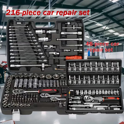 Car Repair Tool Kit, Upgraded Black 46 Black 216, Equipped with Plastic Storage Box, Including Hex Wrench, 1/2" * 3/4" Drive Deep And Standard Ratchet Socket, Screwdriver And Extension Rod, Suitable for Home Maintenance