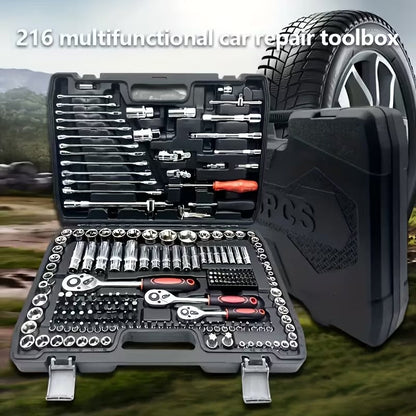 Car Repair Tool Kit, Upgraded Black 46 Black 216, Equipped with Plastic Storage Box, Including Hex Wrench, 1/2" * 3/4" Drive Deep And Standard Ratchet Socket, Screwdriver And Extension Rod, Suitable for Home Maintenance