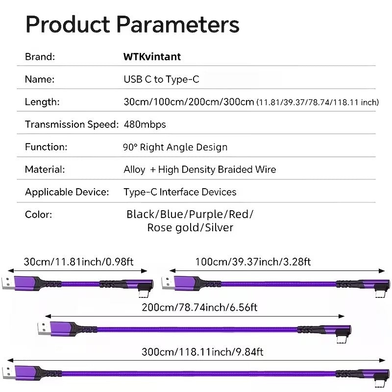 Fast Charging, Right Angle USB to USB C Cable Braided USB C Charger for Samsung for Huawei for Xiaomi for Redmi for Oppo for Oneplus And More Smartphone