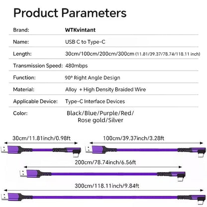 Fast Charging, Right Angle USB to USB C Cable Braided USB C Charger for Samsung for Huawei for Xiaomi for Redmi for Oppo for Oneplus And More Smartphone